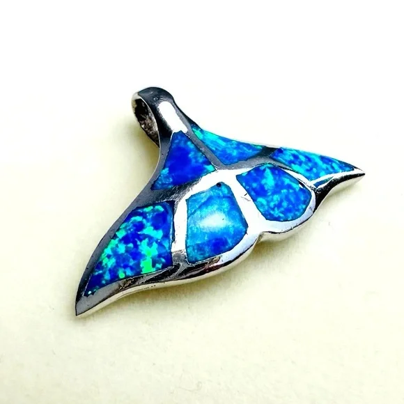 🌊 Sterling Silver Blue Opal Whale Tail Pendant Nautical & Ocean-Inspired Beauty - Picture 1 of 7